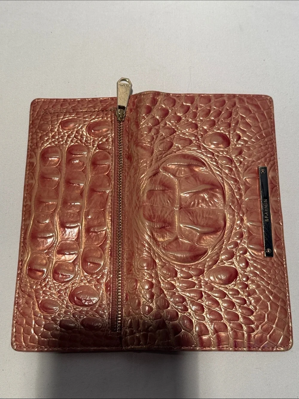 Brahmin Taupe Croc-Embossed Leather Wallet with Silver Plaque